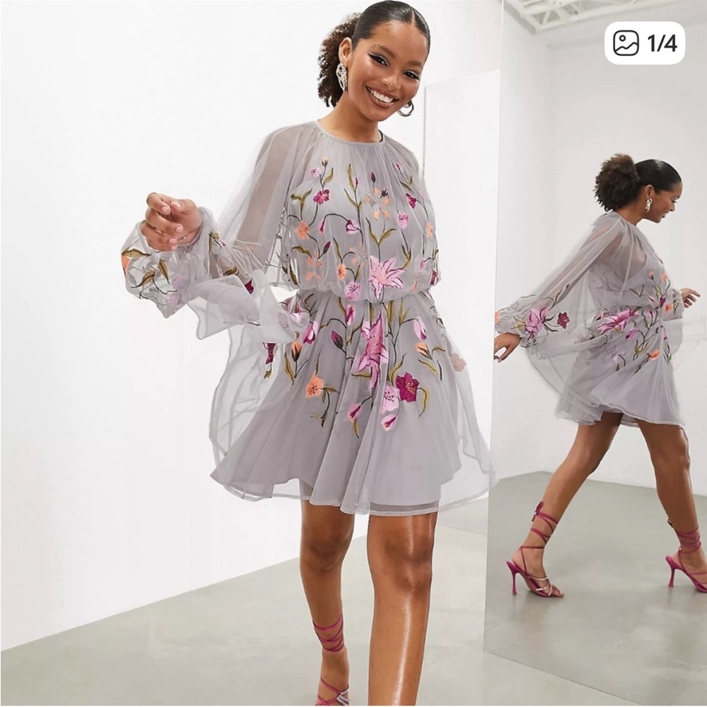ASOS Floral Embroidered Gray Dress